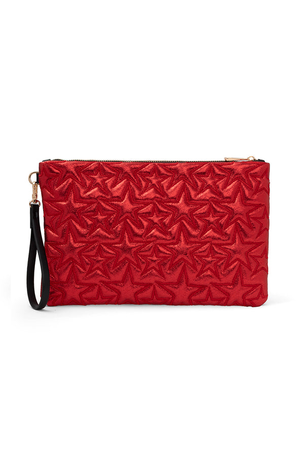 Ecrou Yıldız Desenli Platin Parlak Portföy & Clutch Çanta Çıkarılabilir Bileklik Askılı 30 x 19 cm — Kırmızı