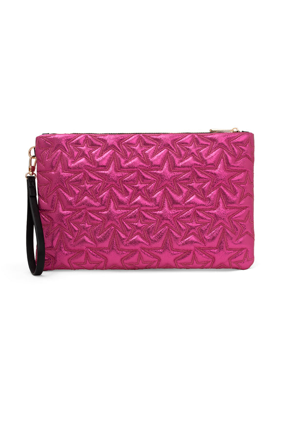 Ecrou Yıldız Desenli Platin Parlak Portföy & Clutch Çanta Çıkarılabilir Bileklik Askılı 30 x 19 cm — Fuşya