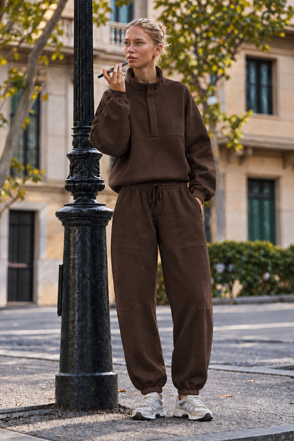 Dik Yaka Yarım Fermuarlı Oversize Düşük Omuzlu Viskon Karışımlı Kadın Sweatshirt — Kahve