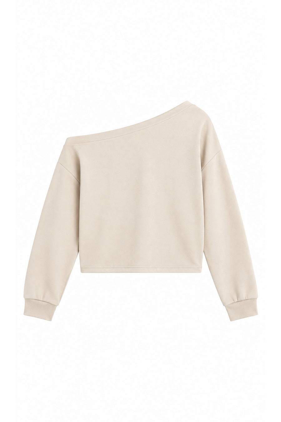 Tek Omuz Asimetrik Yaka Düşük Omuzlu Oversize Crop Kadın Sweatshirt — Bej