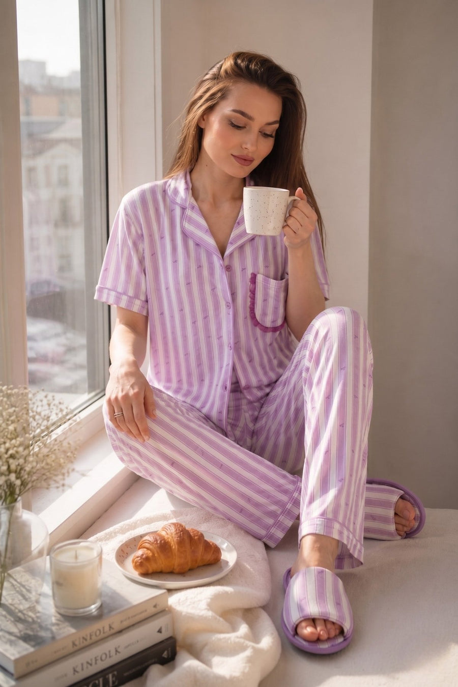Çizgili Dantel Cep Detaylı Kısa Kollu Bebe Yaka Pantolon Pijama Takımı — Lila