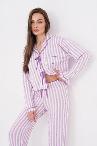 Çizgili Uzun Kollu Bebe Yaka Önden Fiyonk Bağlama Detaylı Pantolon Pijama Takımı — Lila