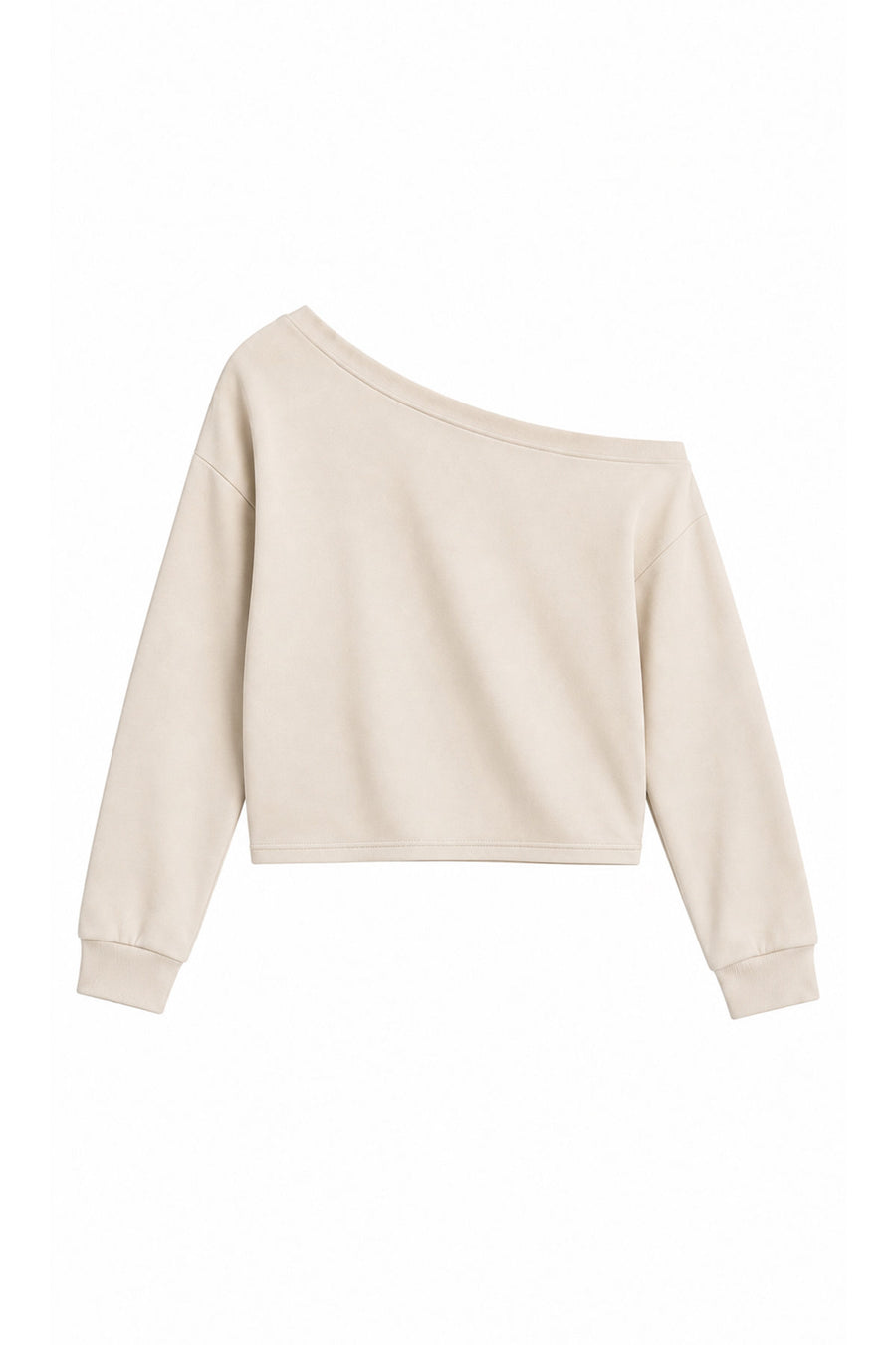 Tek Omuz Asimetrik Yaka Düşük Omuzlu Oversize Crop Kadın Sweatshirt — Bej
