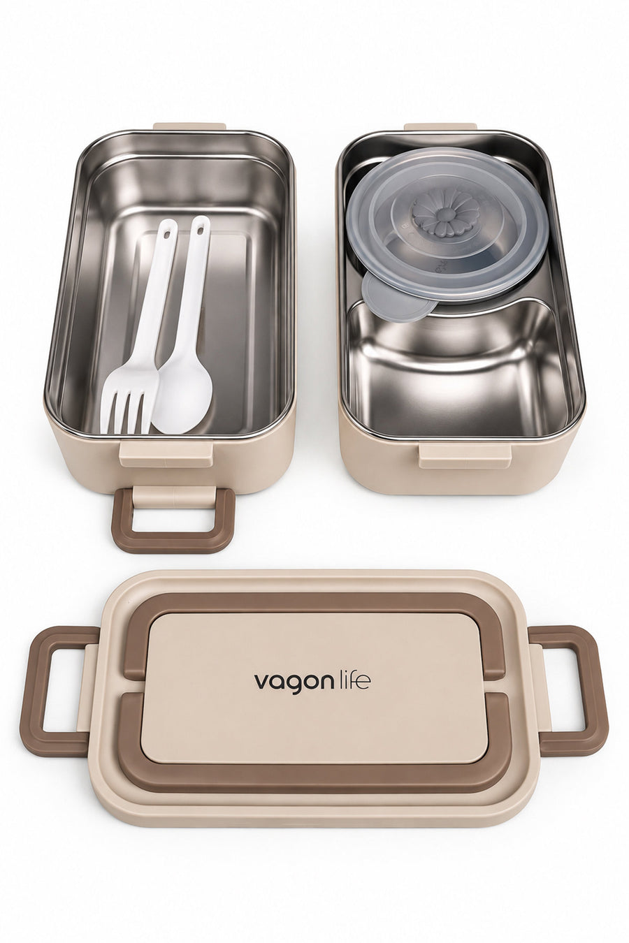 Vagonlife BL01029 İki Katlı İçi Çelik 2000 ml Kahve — Bej