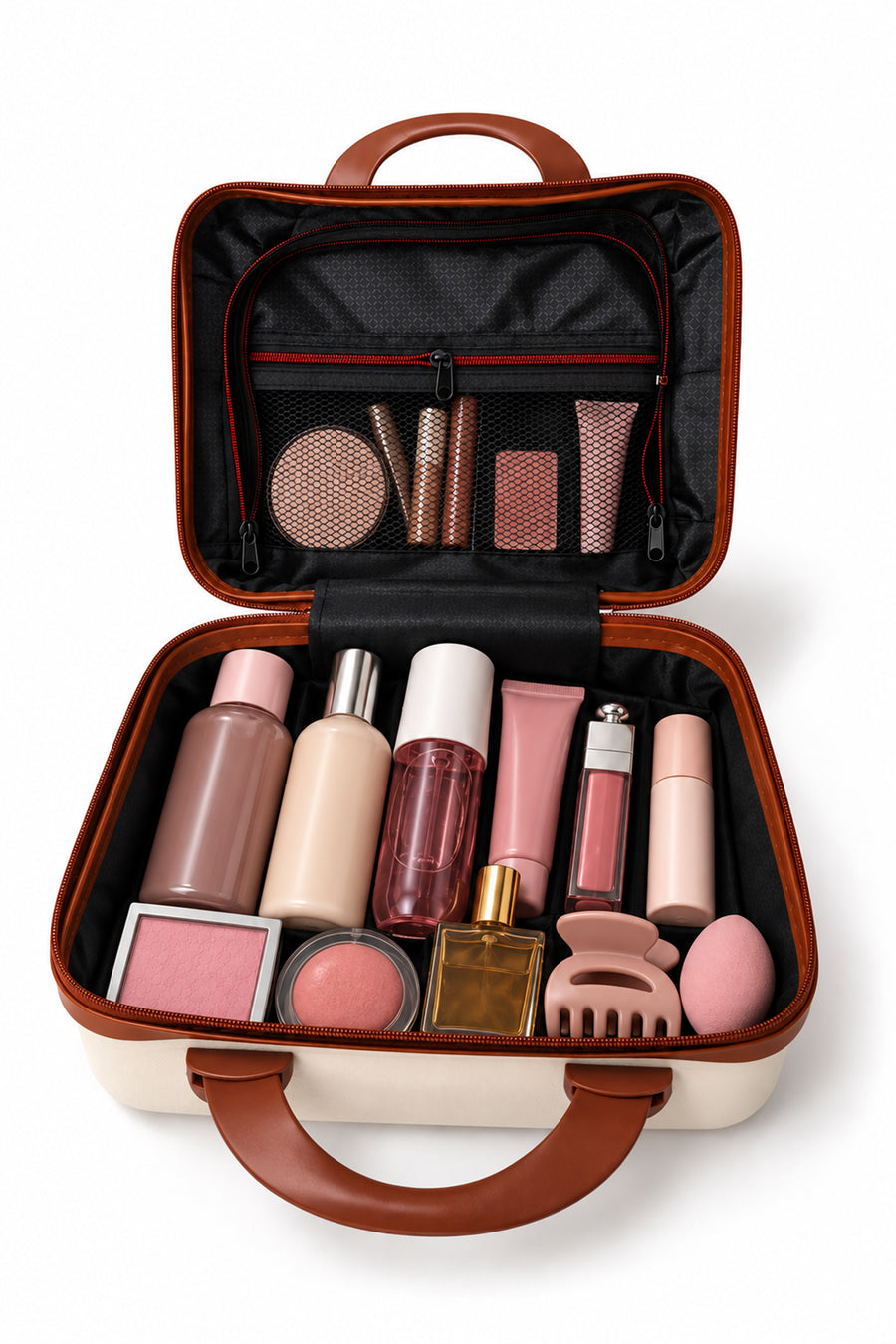 Kilitli Makyaj Çantası Valizi Pembe, Su Geçirmez Darbeye Dayanıklı Kozmetik Organizer 30 x 23 x 16 cm Ekru — Ekru