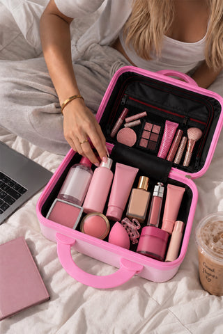 Kilitli Makyaj Çantası Valizi Pembe, Su Geçirmez Darbeye Dayanıklı Kozmetik Organizer 30 x 23 x 16 cm Ekru — Pembe