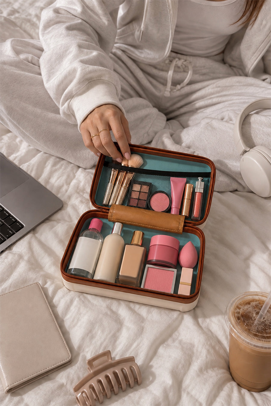 Yoyoso Kadın Omuz Askılı Kozmetik Çantası Makyaj Organizeri Seyahat Çantası Bej 18x11,5x7 cm — Beyaz