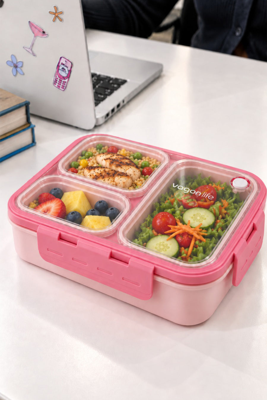 Vagonlife Lunch Box 620 ML Tek Kat Üç Bölmeli Metal Kaşıklı Yeni Nesil Sefer Tası — PEMBE