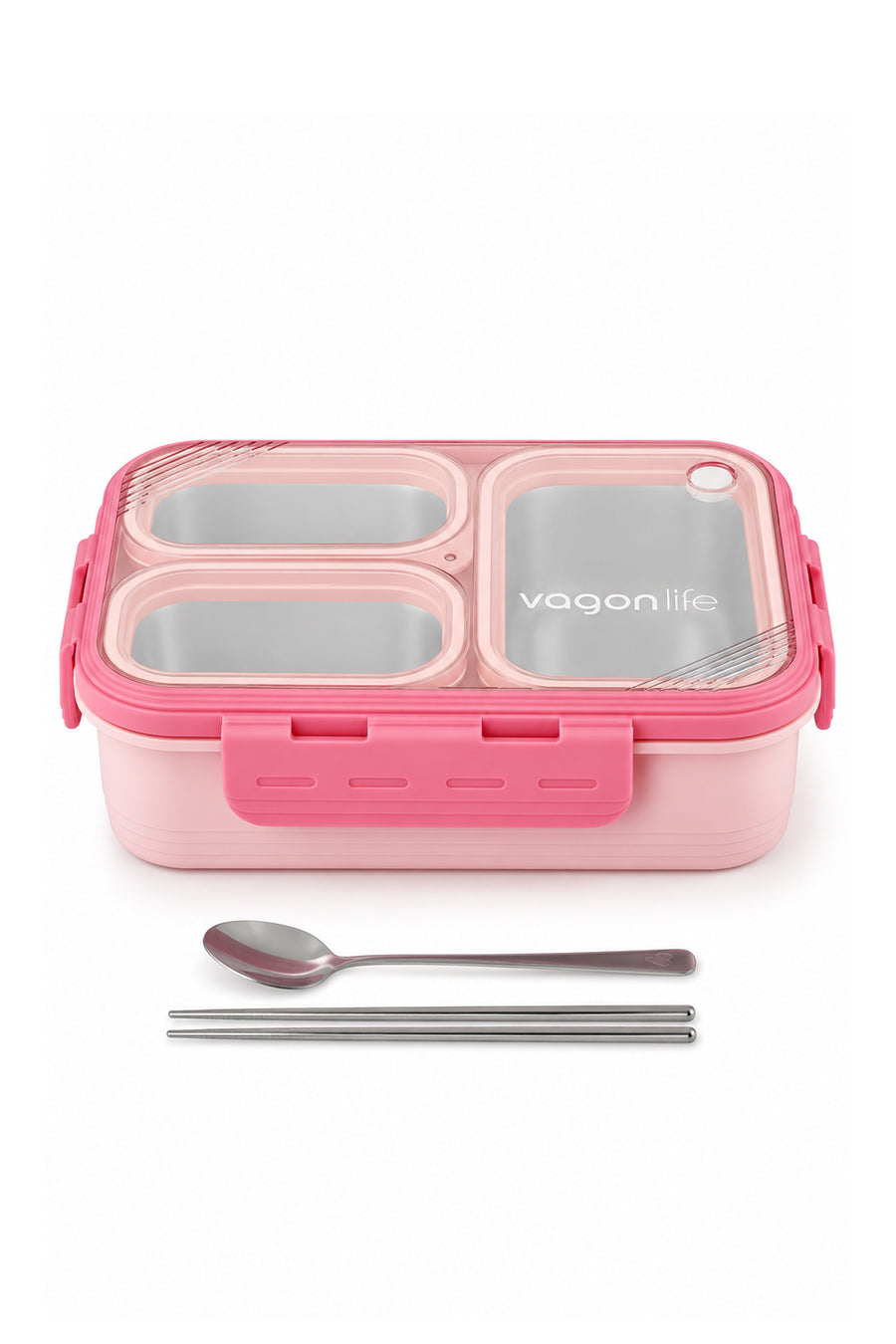 Vagonlife Lunch Box 620 ML Tek Kat Üç Bölmeli Metal Kaşıklı Yeni Nesil Sefer Tası — PEMBE