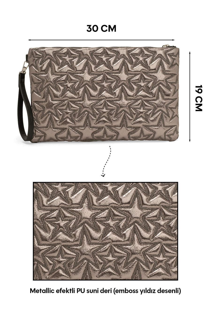 Ecrou Yıldız Desenli Platin Parlak Portföy & Clutch Çanta Çıkarılabilir Bileklik Askılı 30 x 19 cm — Gümüş