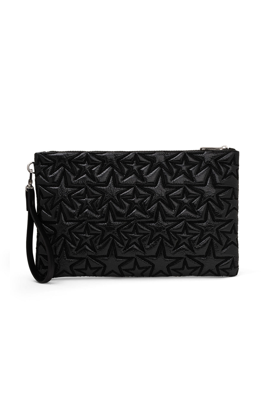 Ecrou Yıldız Desenli Platin Parlak Portföy & Clutch Çanta Çıkarılabilir Bileklik Askılı 30 x 19 cm — Siyah