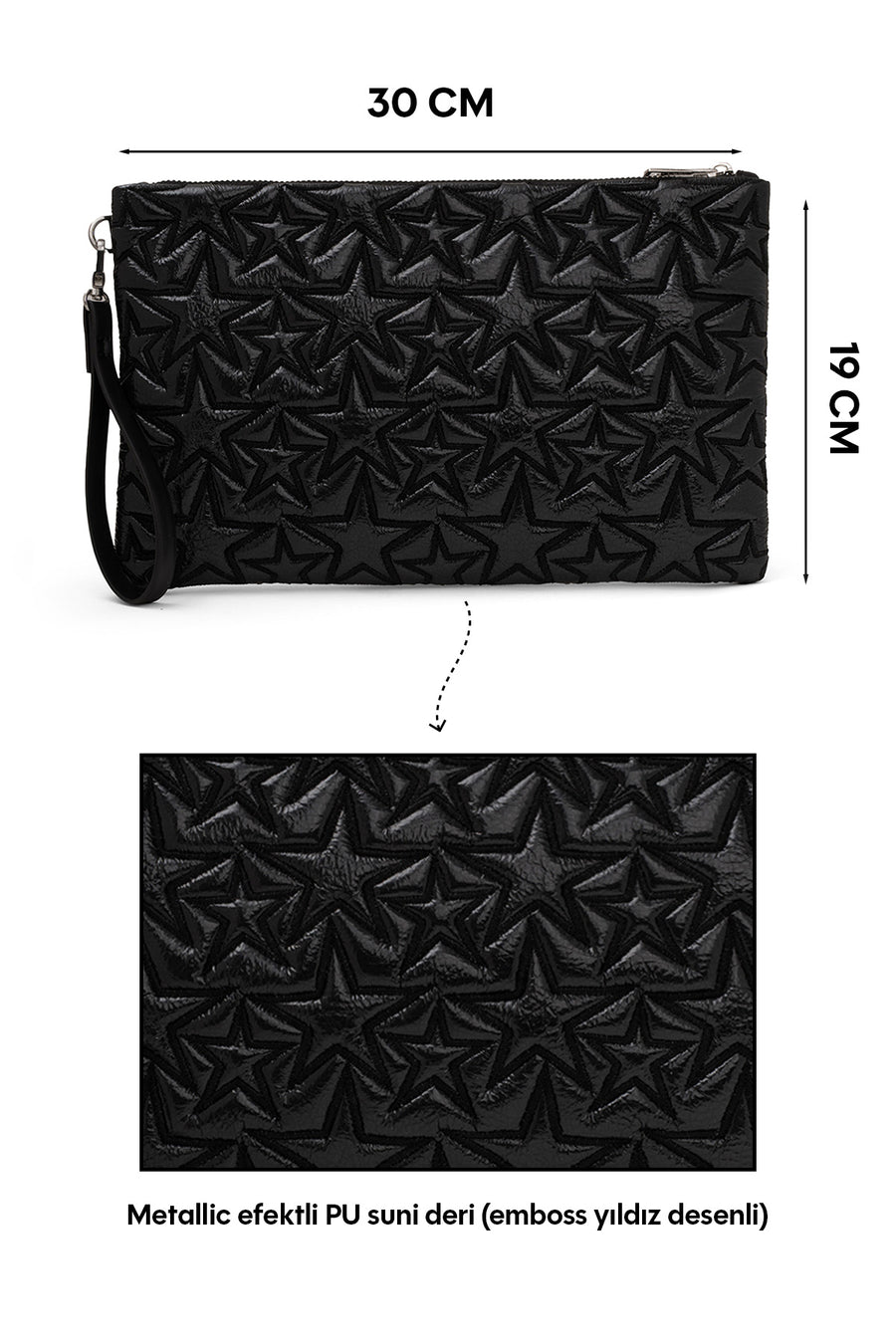 Ecrou Yıldız Desenli Platin Parlak Portföy & Clutch Çanta Çıkarılabilir Bileklik Askılı 30 x 19 cm — Siyah