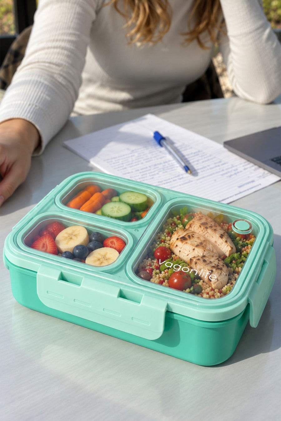 Vagonlife Lunch Box 620 ML Tek Kat Üç Bölmeli Metal Kaşıklı Yeni Nesil Sefer Tası — Yeşil