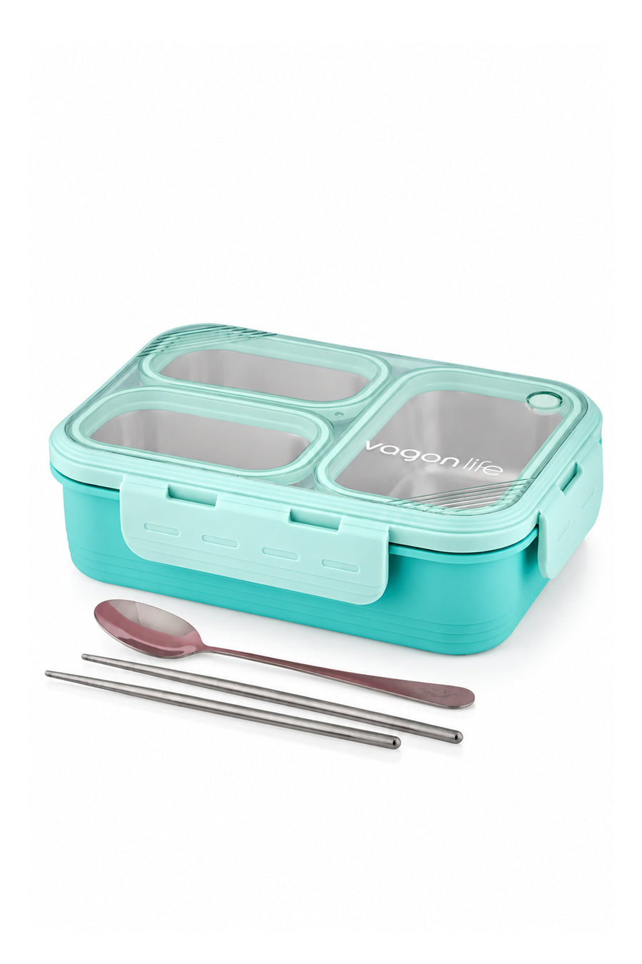 Vagonlife Lunch Box 620 ML Tek Kat Üç Bölmeli Metal Kaşıklı Yeni Nesil Sefer Tası — Yeşil