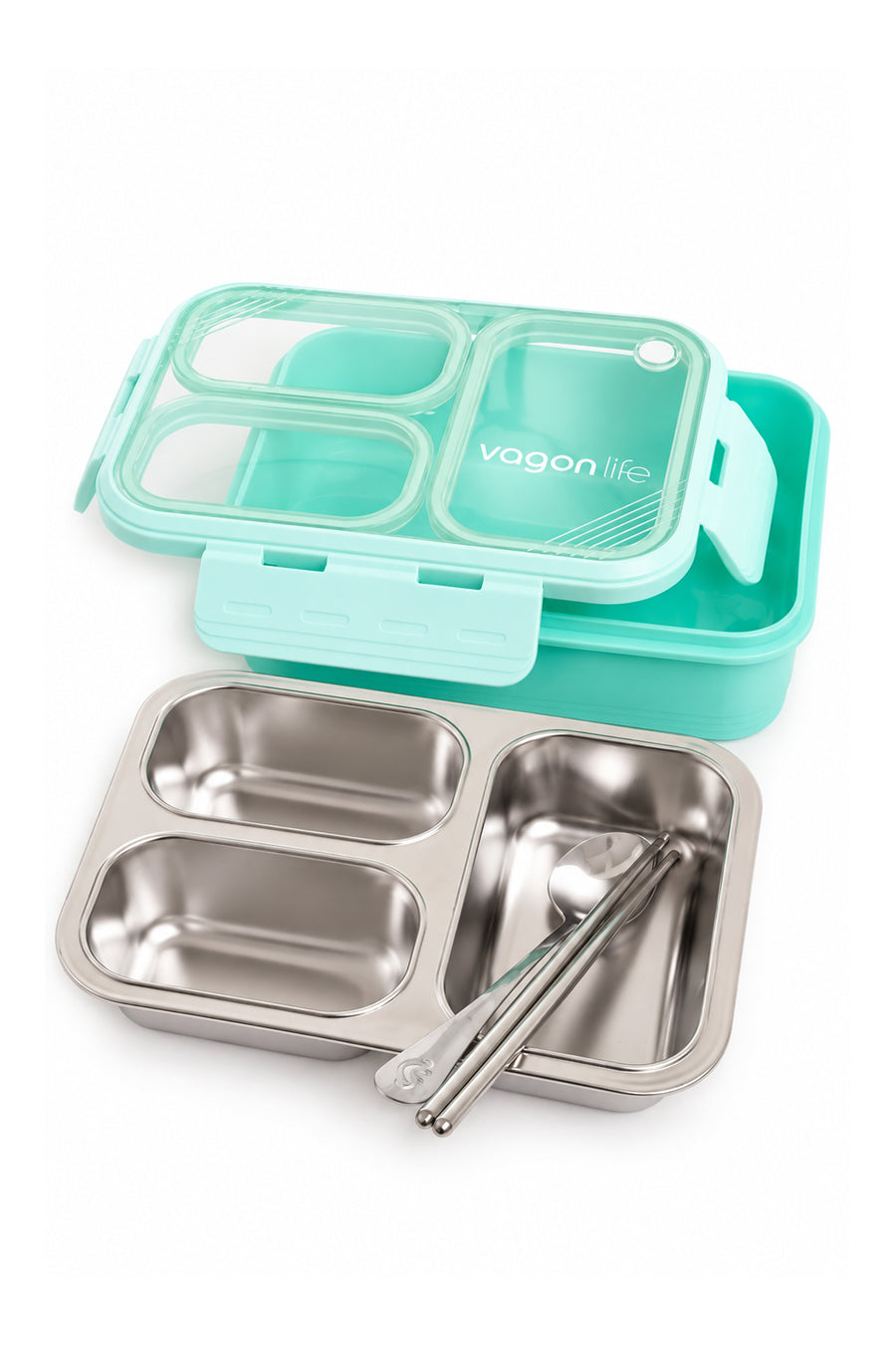 Vagonlife Lunch Box 620 ML Tek Kat Üç Bölmeli Metal Kaşıklı Yeni Nesil Sefer Tası — Yeşil