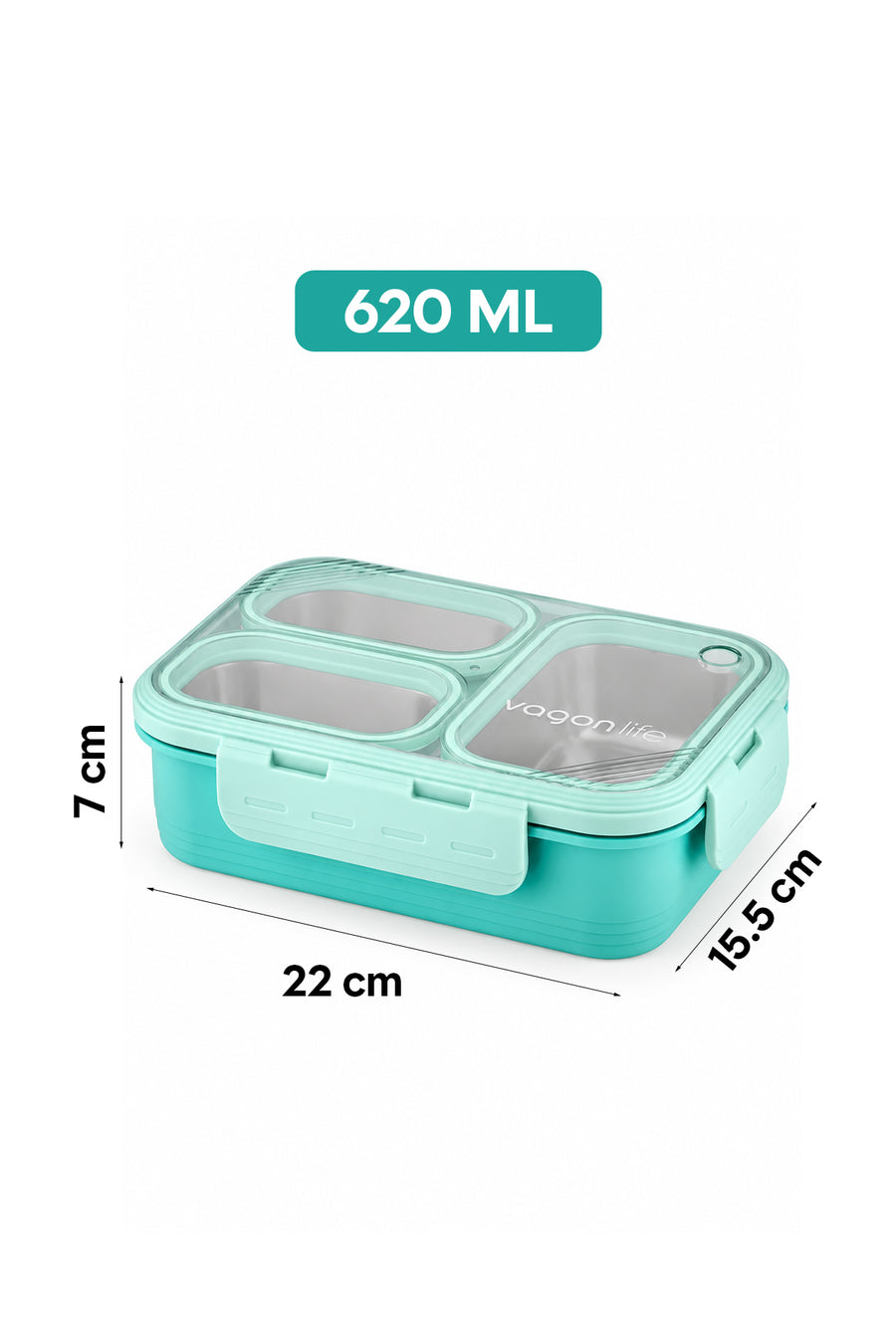 Vagonlife Lunch Box 620 ML Tek Kat Üç Bölmeli Metal Kaşıklı Yeni Nesil Sefer Tası — Yeşil