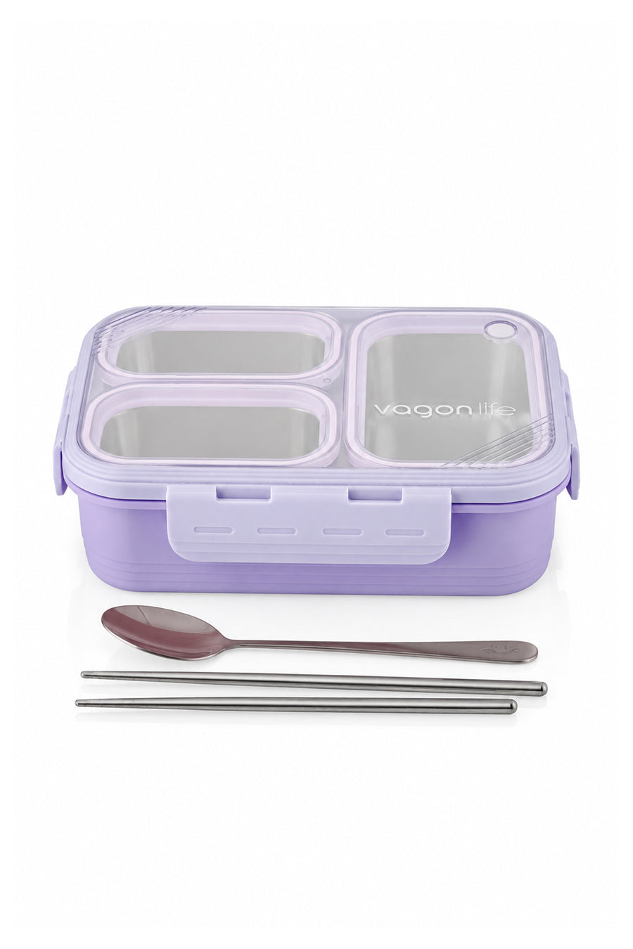 Vagonlife Lunch Box 620 ML Tek Kat Üç Bölmeli Metal Kaşıklı Yeni Nesil Sefer Tası — Lila