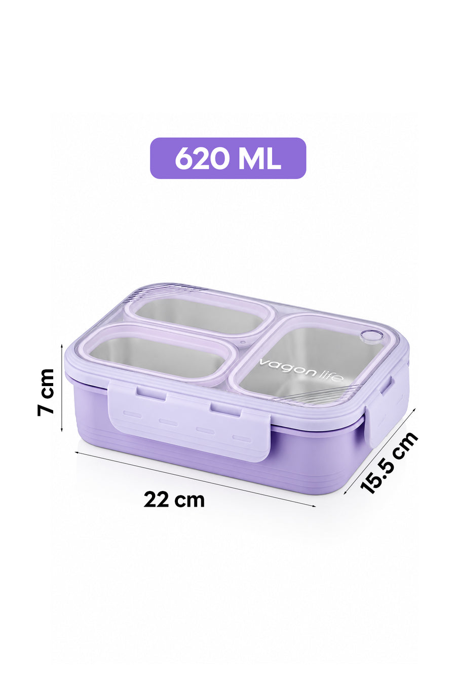 Vagonlife Lunch Box 620 ML Tek Kat Üç Bölmeli Metal Kaşıklı Yeni Nesil Sefer Tası — Lila