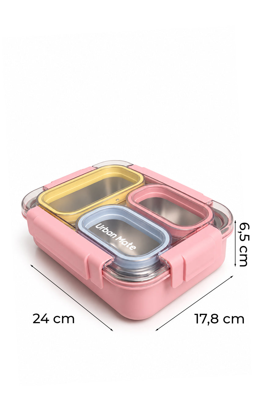 Urbanmate 3 Bölmeli İçi Çelik Kapak Saklama Kabı Pembe 24*17.8*6.5 — Pembe