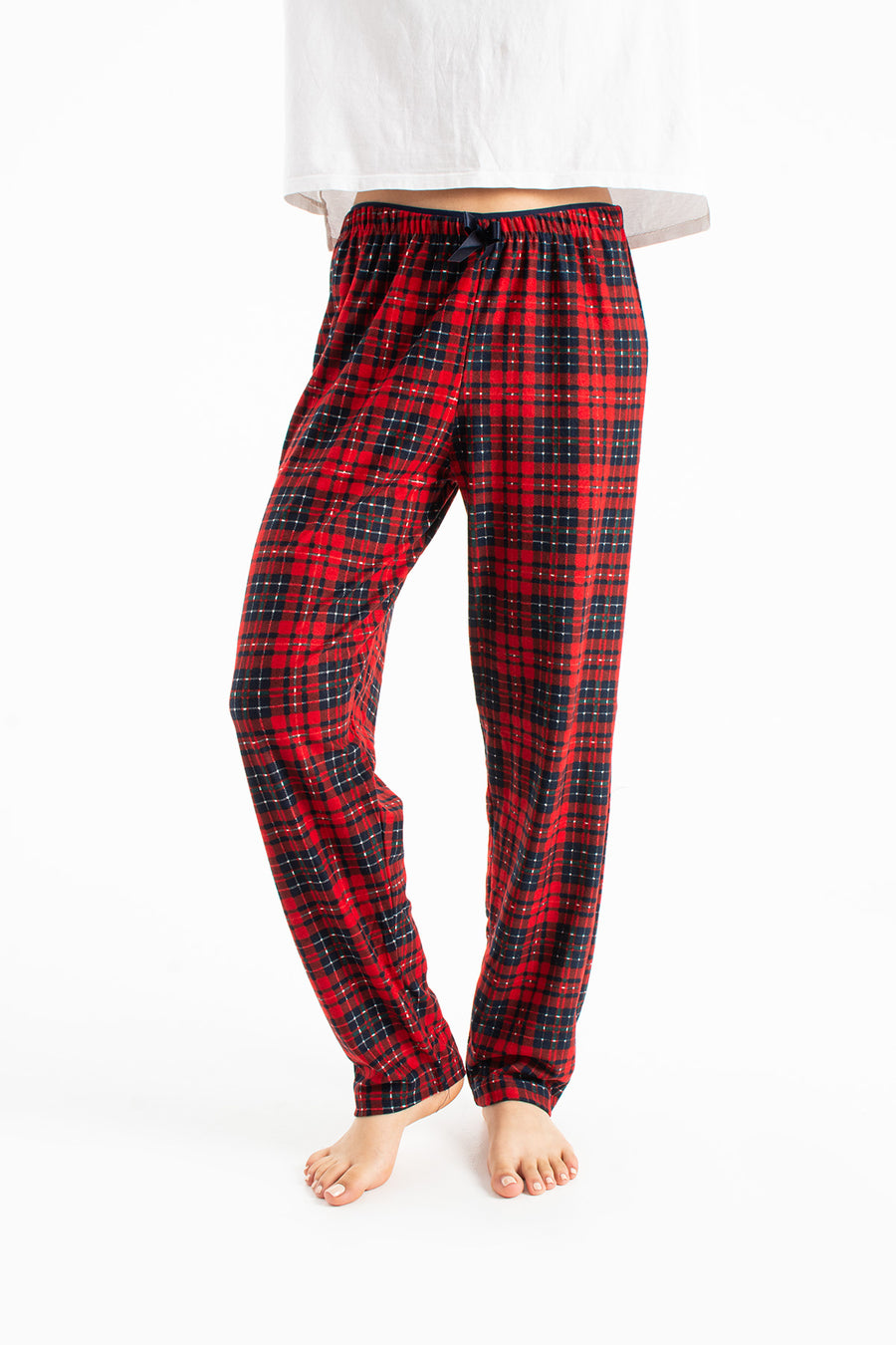 Kadın Ekose Desenli Lastikli Bel Fiyonklu Regular Fit Süet Pijama Altı — Bordo