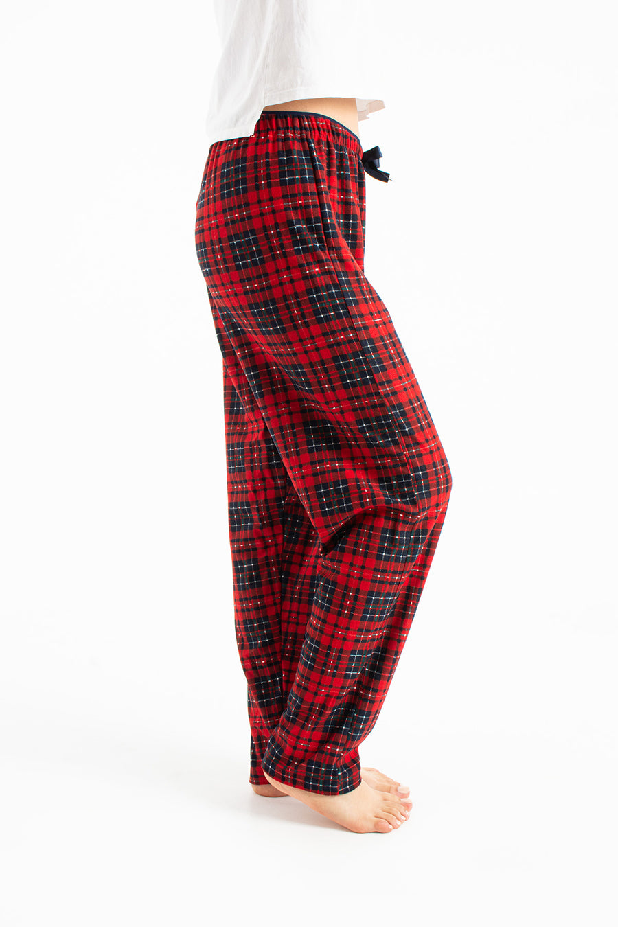 Kadın Ekose Desenli Lastikli Bel Fiyonklu Regular Fit Süet Pijama Altı — Bordo