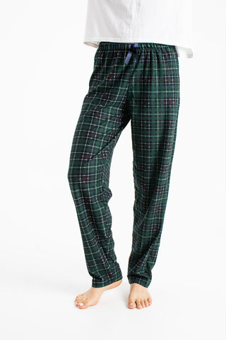 Kadın Ekose Desenli Lastikli Bel Fiyonklu Regular Fit Süet Pijama Altı — Yeşil