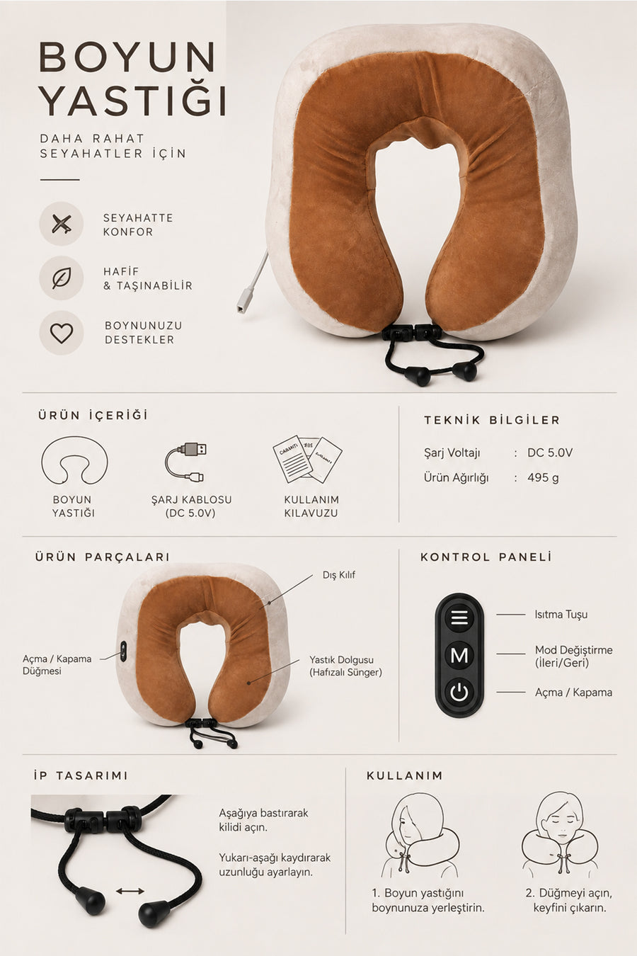 Ecrou Masaj Aletli Memory Foam Boyun Yastığı - Camel — Camel