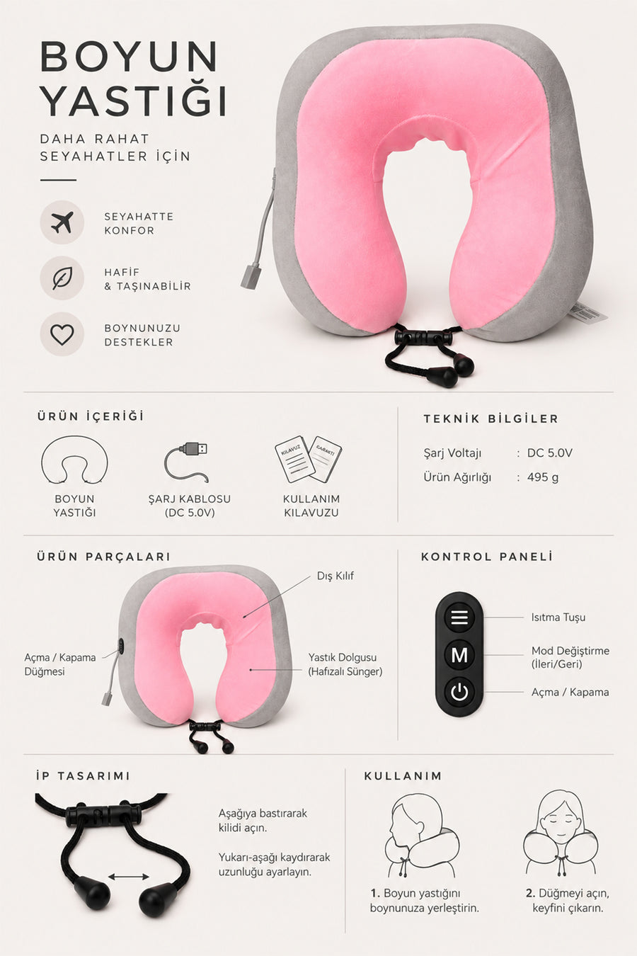Ecrou Masaj Aletli Memory Foam Boyun Yastığı - Pembe — Pembe