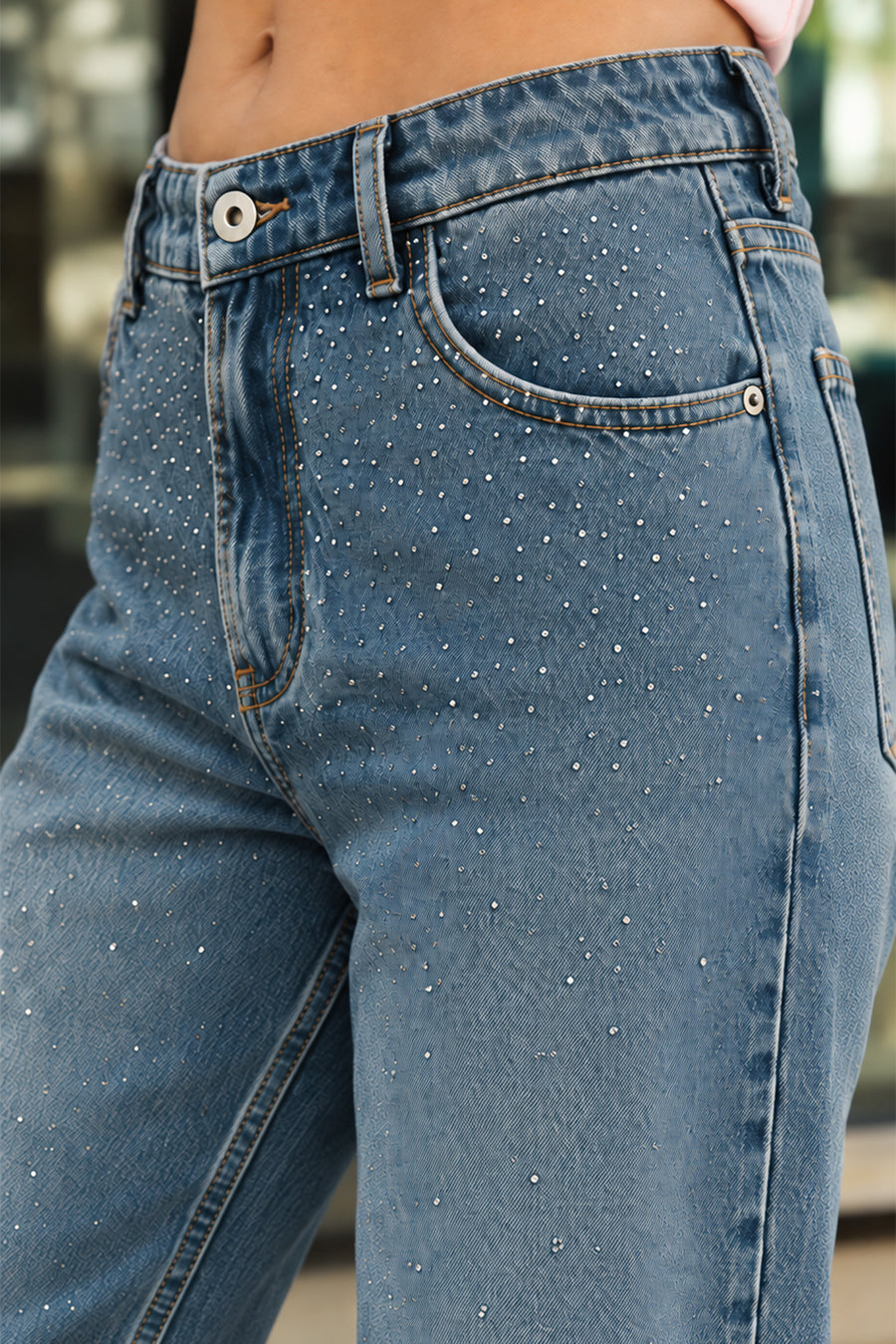 Ecrou K.Mavi Taş Detaylı Straight Denim Pantolon — Mavi
