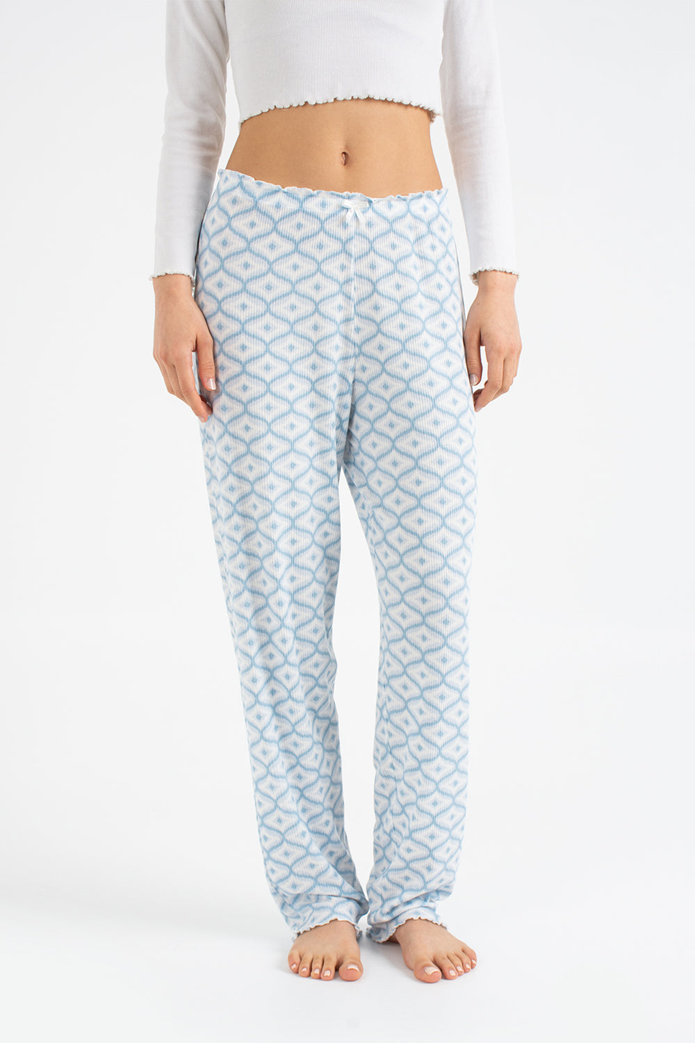 Kadın Fiyonklu Lastikli Bel Fitilli Geometrik Desenli Modal Tek Pijama Pantolon — Bebek Mavi