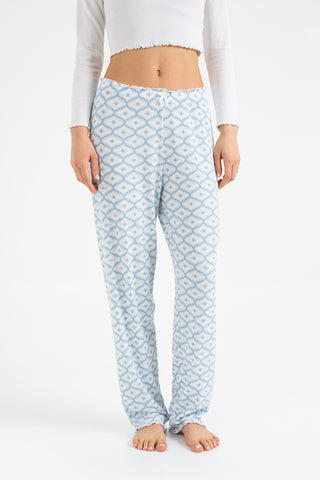 Kadın Fiyonklu Lastikli Bel Fitilli Geometrik Desenli Modal Tek Pijama Pantolon — Bebek Mavi