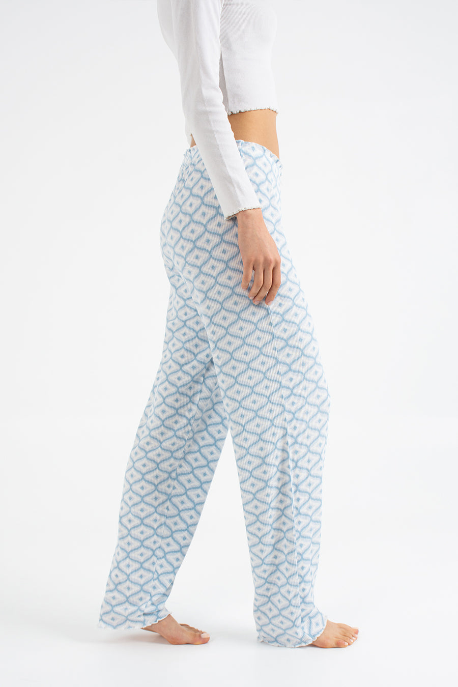 Kadın Fiyonklu Lastikli Bel Fitilli Geometrik Desenli Modal Tek Pijama Pantolon — Bebek Mavi