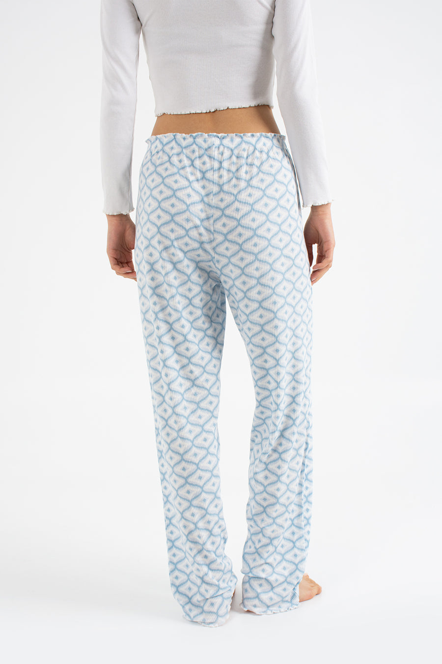 Kadın Fiyonklu Lastikli Bel Fitilli Geometrik Desenli Modal Tek Pijama Pantolon — Bebek Mavi