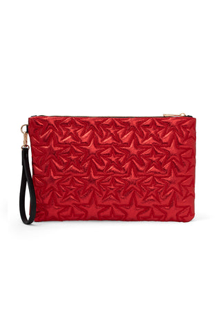 Ecrou Yıldız Desenli Platin Parlak Portföy & Clutch Çanta Çıkarılabilir Bileklik Askılı 30 x 19 cm — Kırmızı