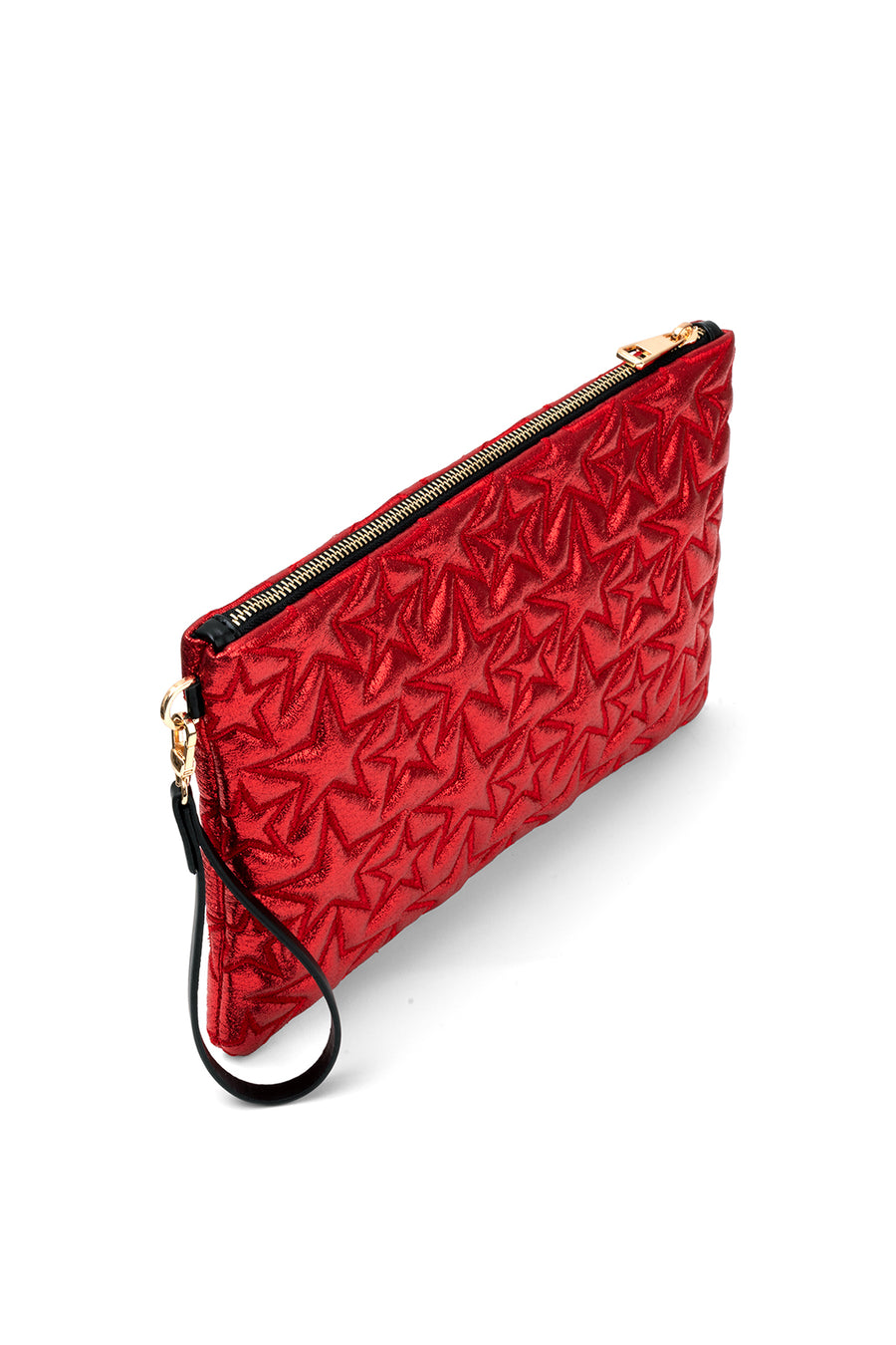 Ecrou Yıldız Desenli Platin Parlak Portföy & Clutch Çanta Çıkarılabilir Bileklik Askılı 30 x 19 cm — Kırmızı