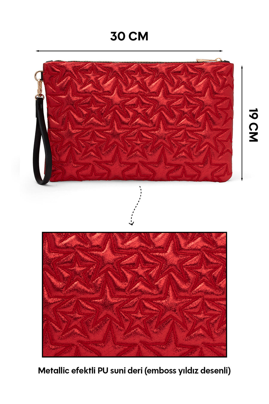 Ecrou Yıldız Desenli Platin Parlak Portföy & Clutch Çanta Çıkarılabilir Bileklik Askılı 30 x 19 cm — Kırmızı