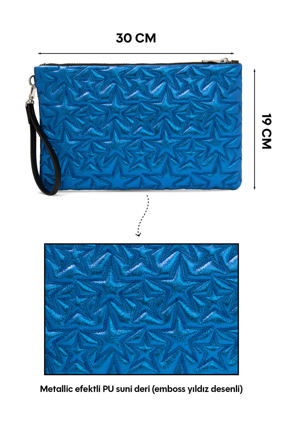 Ecrou Yıldız Desenli Platin Parlak Portföy & Clutch Çanta Çıkarılabilir Bileklik Askılı 30 x 19 cm — Saks