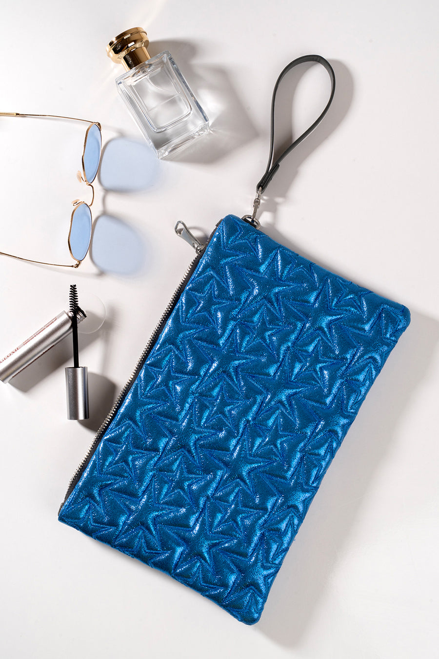 Ecrou Yıldız Desenli Platin Parlak Portföy & Clutch Çanta Çıkarılabilir Bileklik Askılı 30 x 19 cm — Saks
