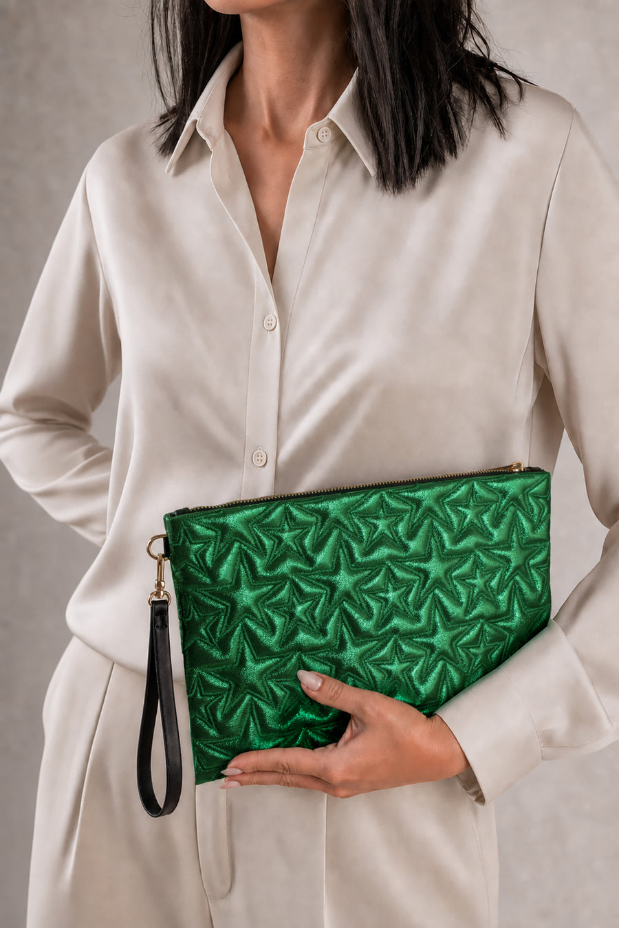 Ecrou Yıldız Desenli Platin Parlak Portföy & Clutch Çanta Çıkarılabilir Bileklik Askılı 30 x 19 cm — Yeşil