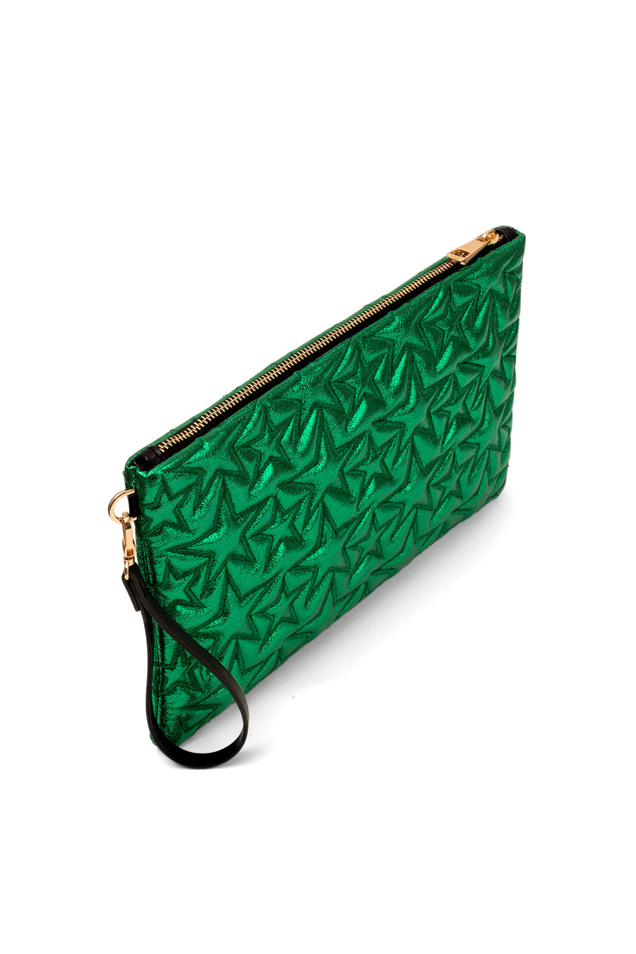 Ecrou Yıldız Desenli Platin Parlak Portföy & Clutch Çanta Çıkarılabilir Bileklik Askılı 30 x 19 cm — Yeşil