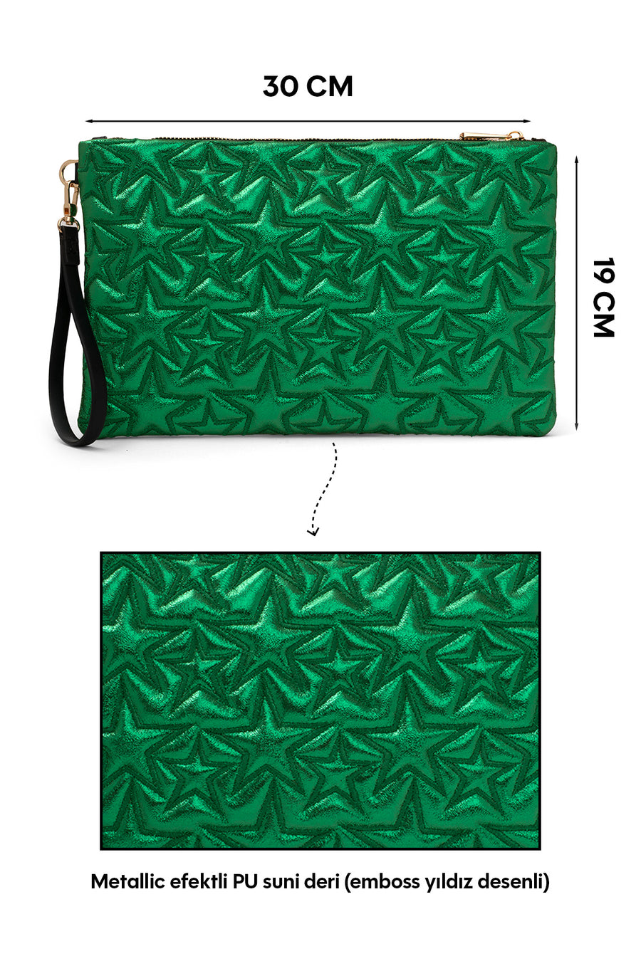 Ecrou Yıldız Desenli Platin Parlak Portföy & Clutch Çanta Çıkarılabilir Bileklik Askılı 30 x 19 cm — Yeşil