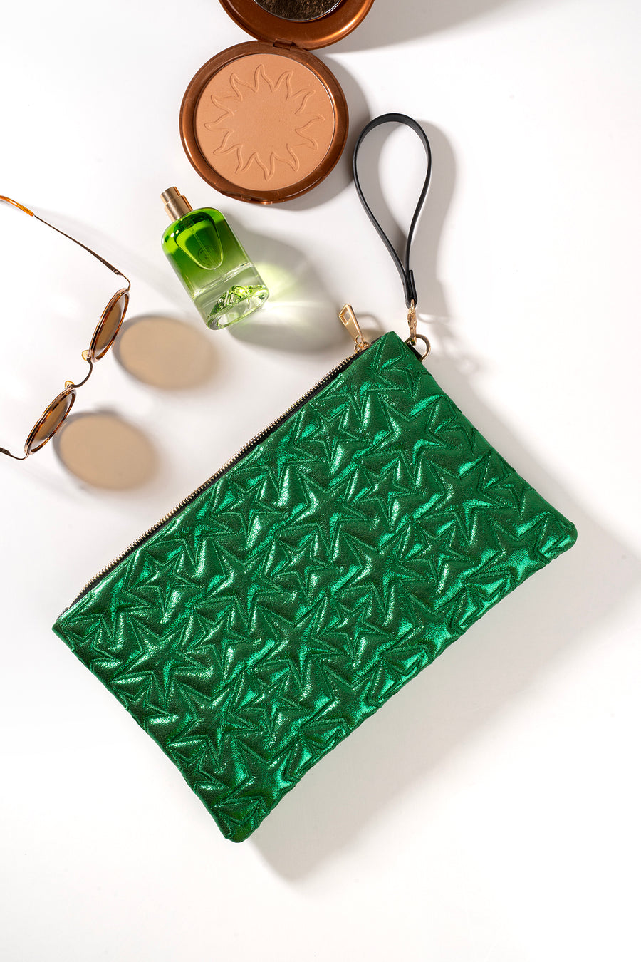 Ecrou Yıldız Desenli Platin Parlak Portföy & Clutch Çanta Çıkarılabilir Bileklik Askılı 30 x 19 cm — Yeşil