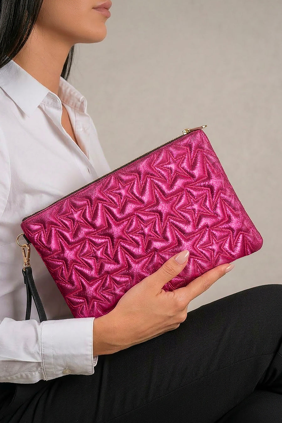 Ecrou Yıldız Desenli Platin Parlak Portföy & Clutch Çanta Çıkarılabilir Bileklik Askılı 30 x 19 cm — Fuşya