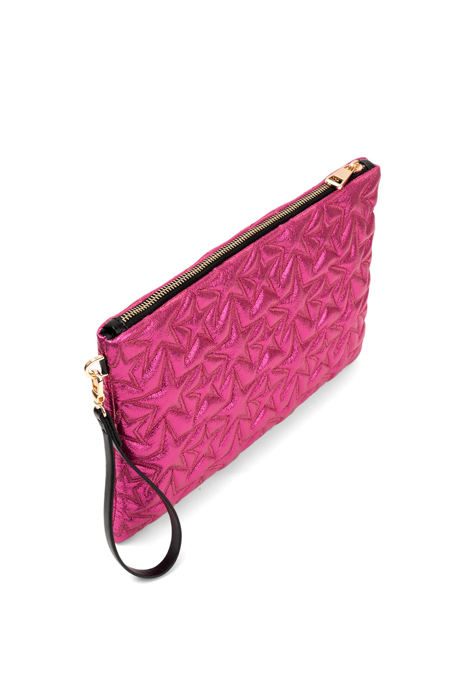 Ecrou Yıldız Desenli Platin Parlak Portföy & Clutch Çanta Çıkarılabilir Bileklik Askılı 30 x 19 cm — Fuşya