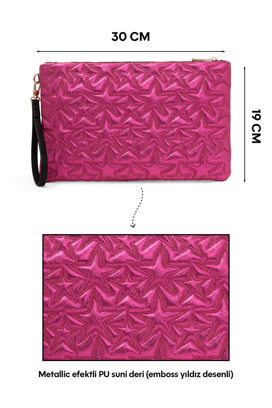 Ecrou Yıldız Desenli Platin Parlak Portföy & Clutch Çanta Çıkarılabilir Bileklik Askılı 30 x 19 cm — Fuşya