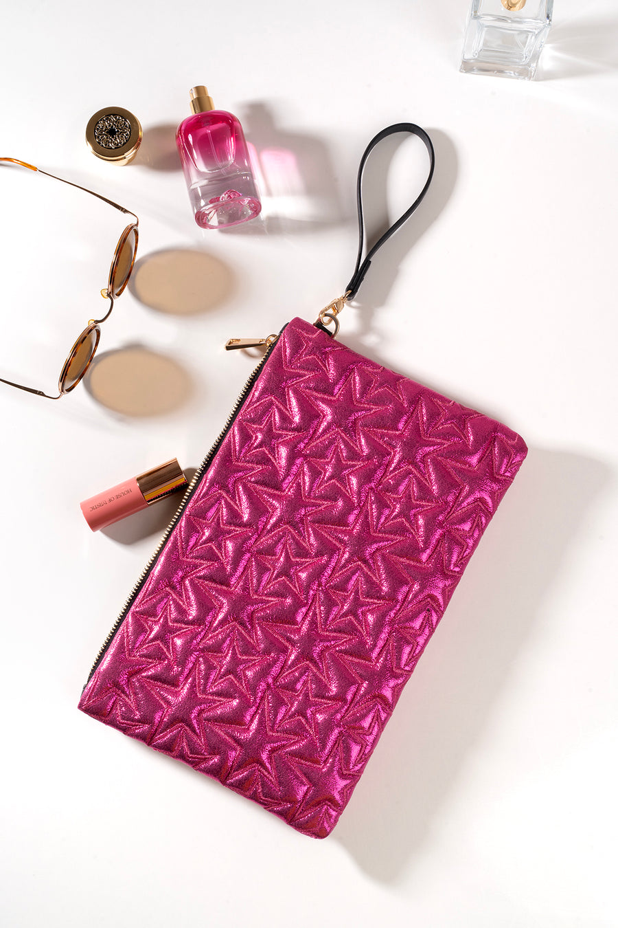 Ecrou Yıldız Desenli Platin Parlak Portföy & Clutch Çanta Çıkarılabilir Bileklik Askılı 30 x 19 cm — Fuşya