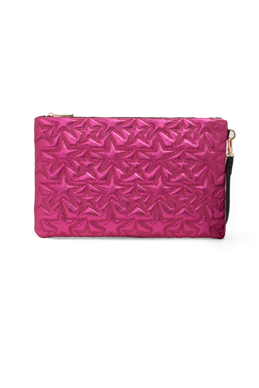 Ecrou Yıldız Desenli Platin Parlak Portföy & Clutch Çanta Çıkarılabilir Bileklik Askılı 30 x 19 cm — Fuşya