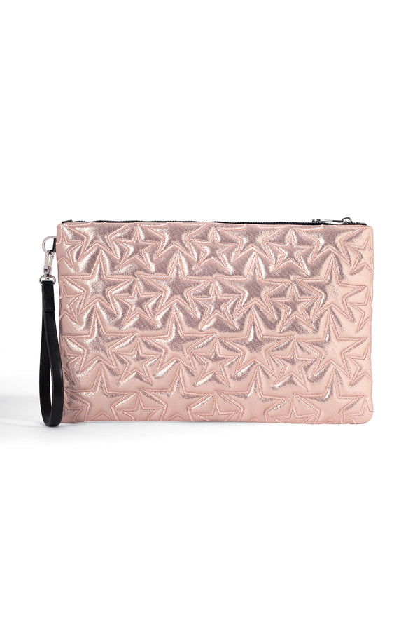 Ecrou Yıldız Desenli Platin Parlak Portföy & Clutch Çanta Çıkarılabilir Bileklik Askılı 30 x 19 cm — Pudra
