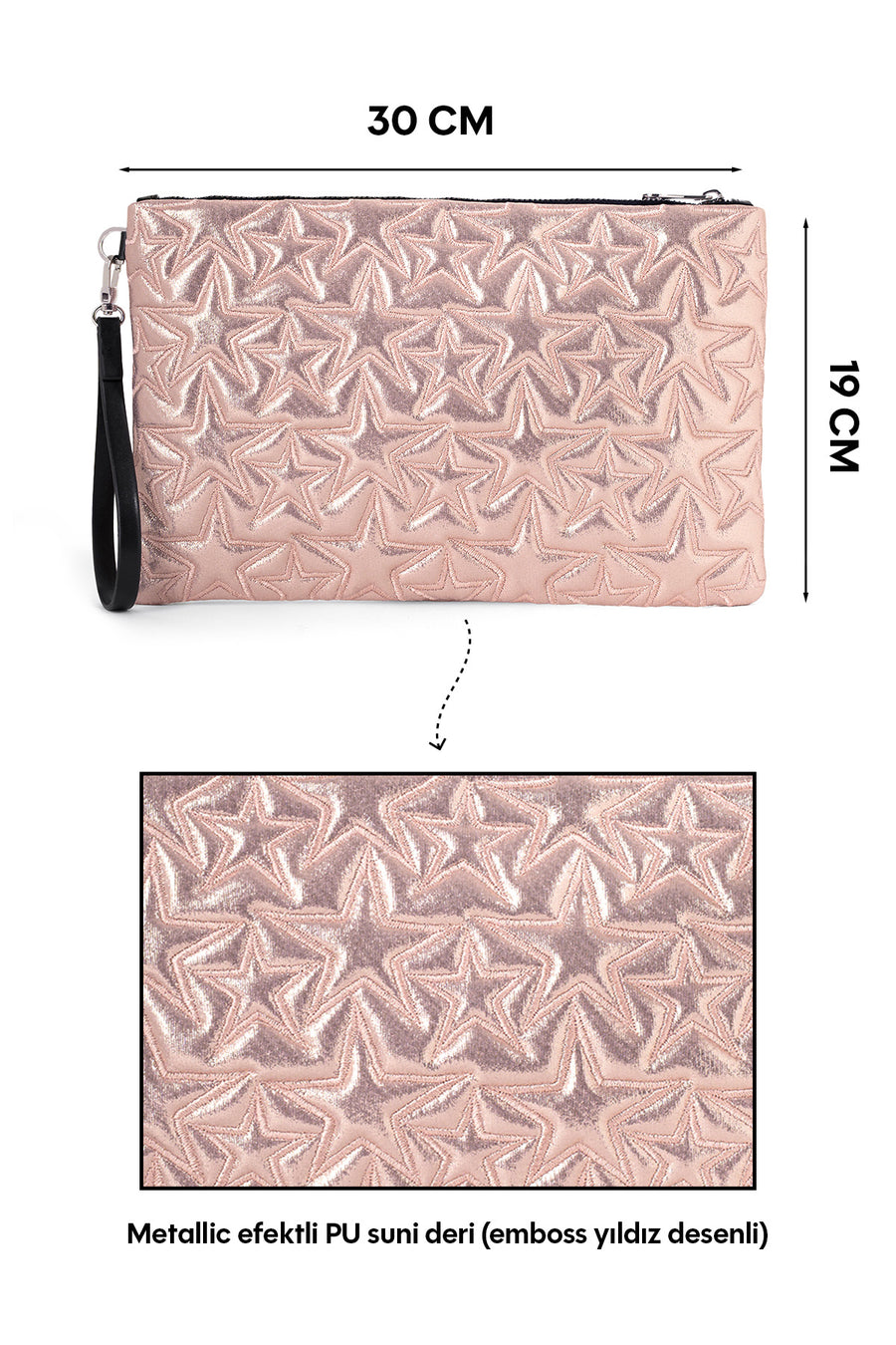 Ecrou Yıldız Desenli Platin Parlak Portföy & Clutch Çanta Çıkarılabilir Bileklik Askılı 30 x 19 cm — Pudra