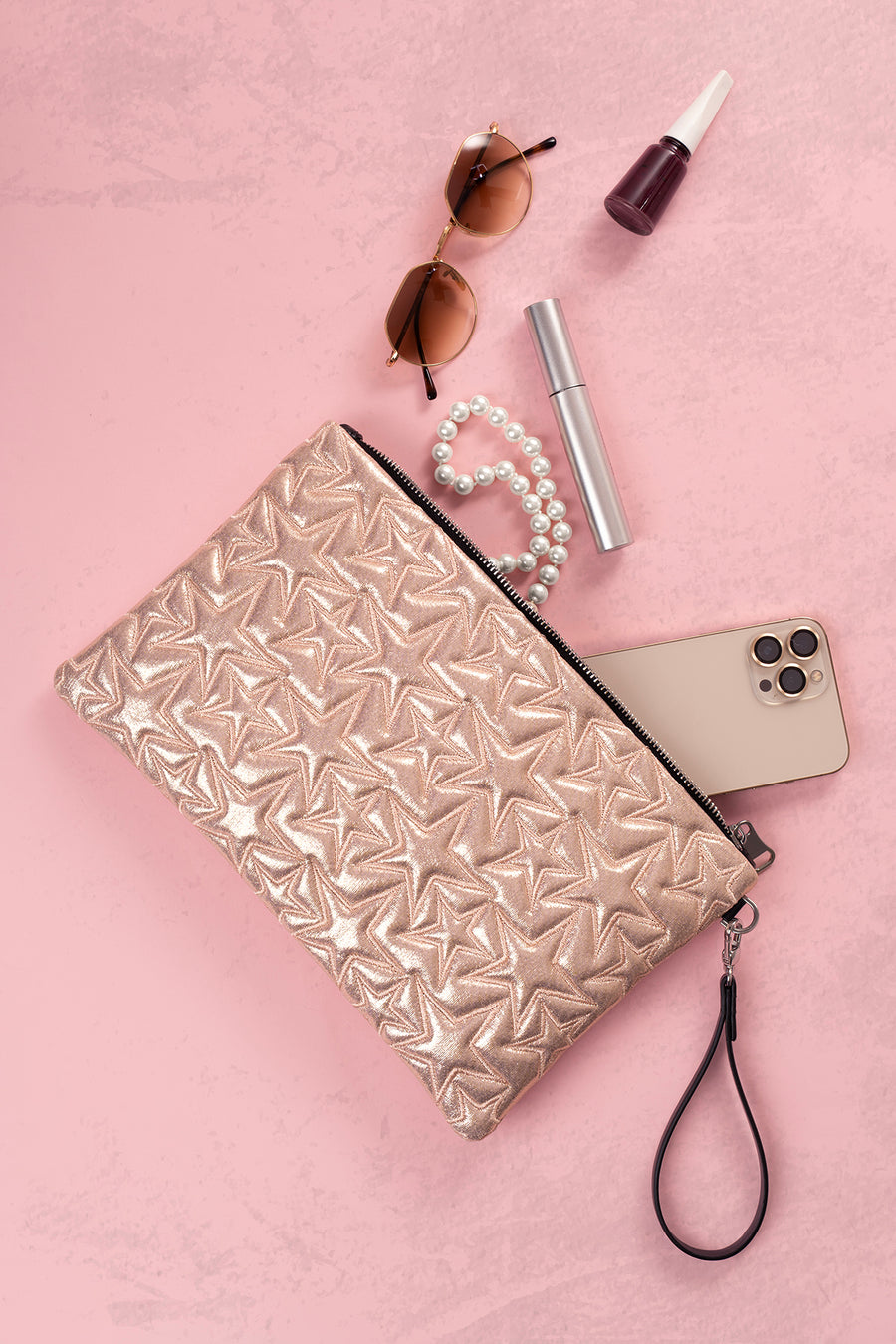 Ecrou Yıldız Desenli Platin Parlak Portföy & Clutch Çanta Çıkarılabilir Bileklik Askılı 30 x 19 cm — Pudra
